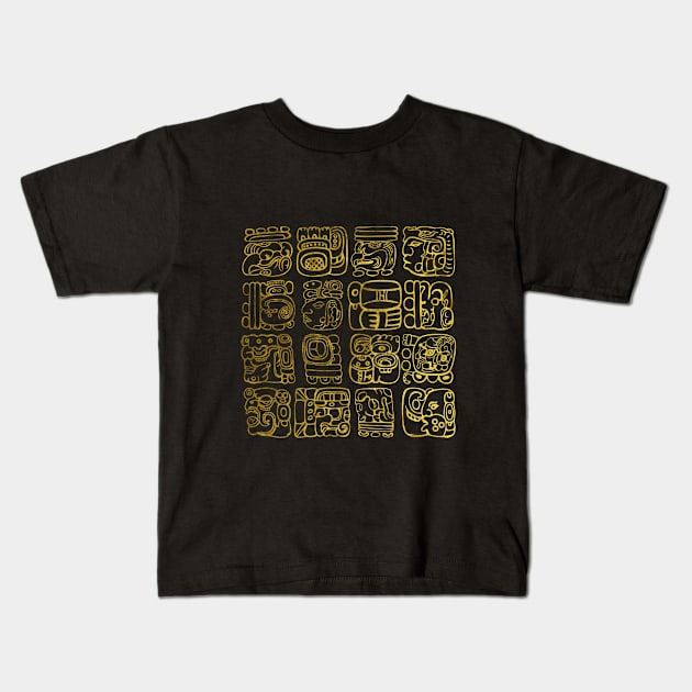 Mayan and aztec glyphs gold on vintage texture Kids T-Shirt by Nartissima